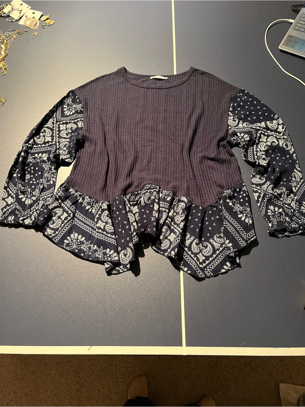 Cupshe Navy Paisley Mixed-Media Peplum Blouse